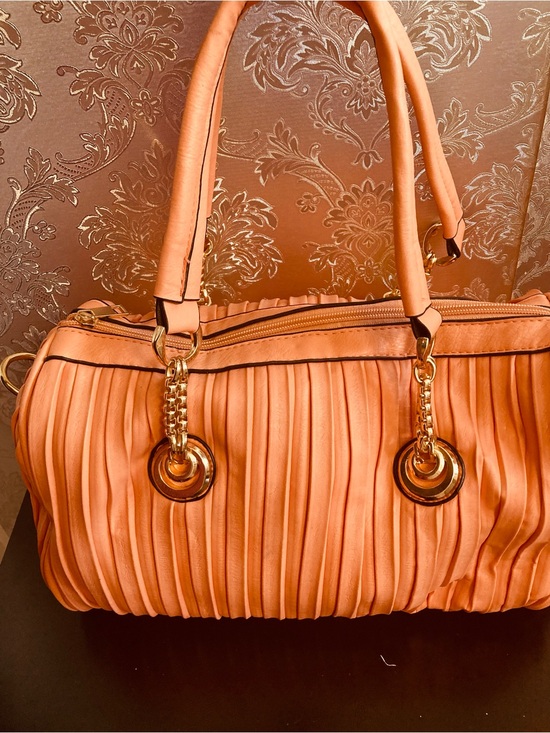 None Handbags - Pleated Coral Satchel Handbag with Gold Hardware